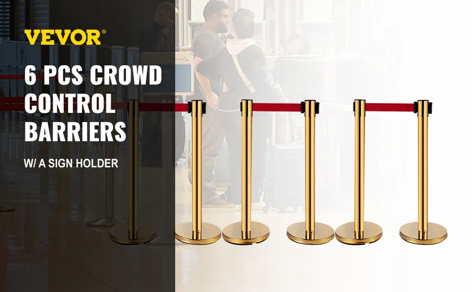 VEVOR-paalafzettingen met gouden afwerking en een rode band voor het beheersen van mensenmassa's.