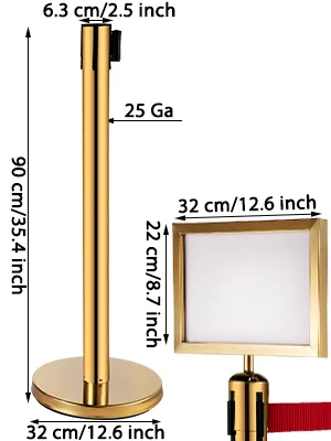 VEVOR staanderpaalafzettingen met afmetingen en gouden afwerking, inclusief bevestiging voor bordframe.