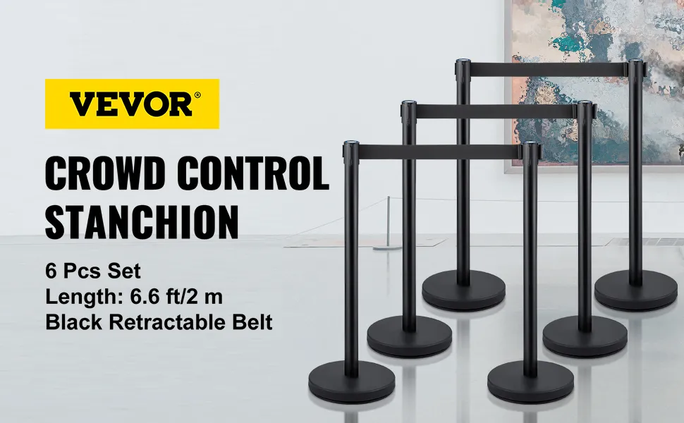 VEVOR stanchion posts 6-piece set with 6.6 ft retractable black belt for crowd control.
