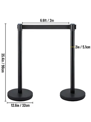 VEVOR stanchion posts with dimensions: height 35.4in, base width 12.6in, belt length 6.6ft.