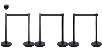 VEVOR stanchion posts in black, arranged in a row with retractable belts.