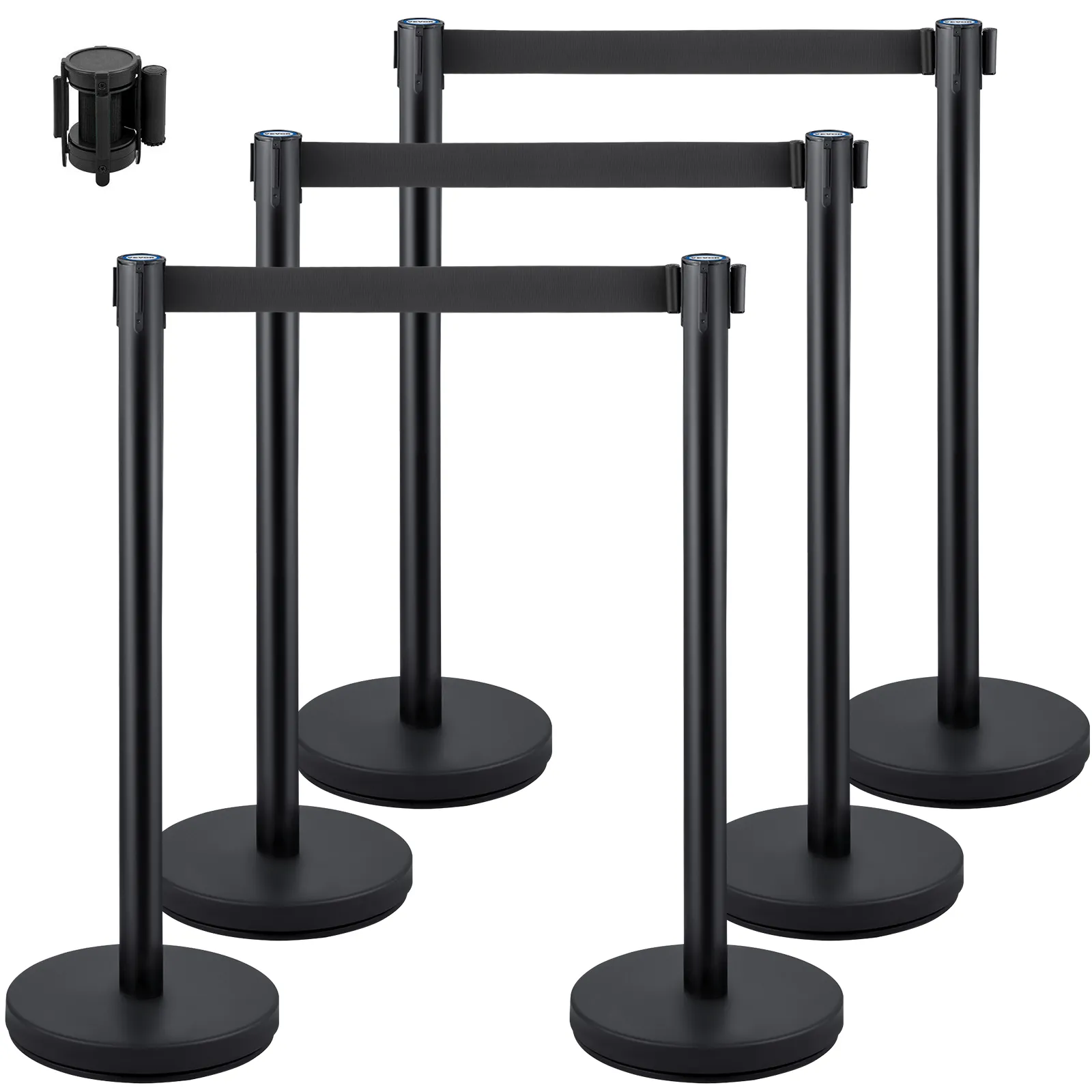 black VEVOR stanchion posts with retractable belts arranged in a row.
