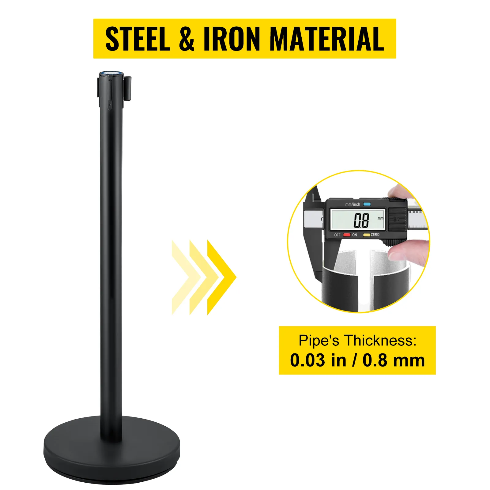 VEVOR stanchion post with 0.8mm thick steel and iron material construction.