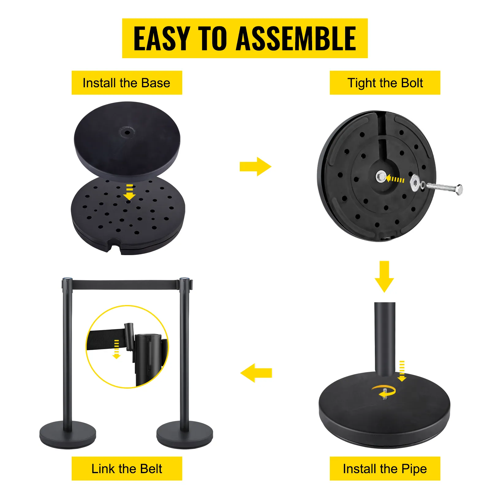 easy assembly guide for VEVOR stanchion posts: install base, tighten bolt, install pipe, link belt.