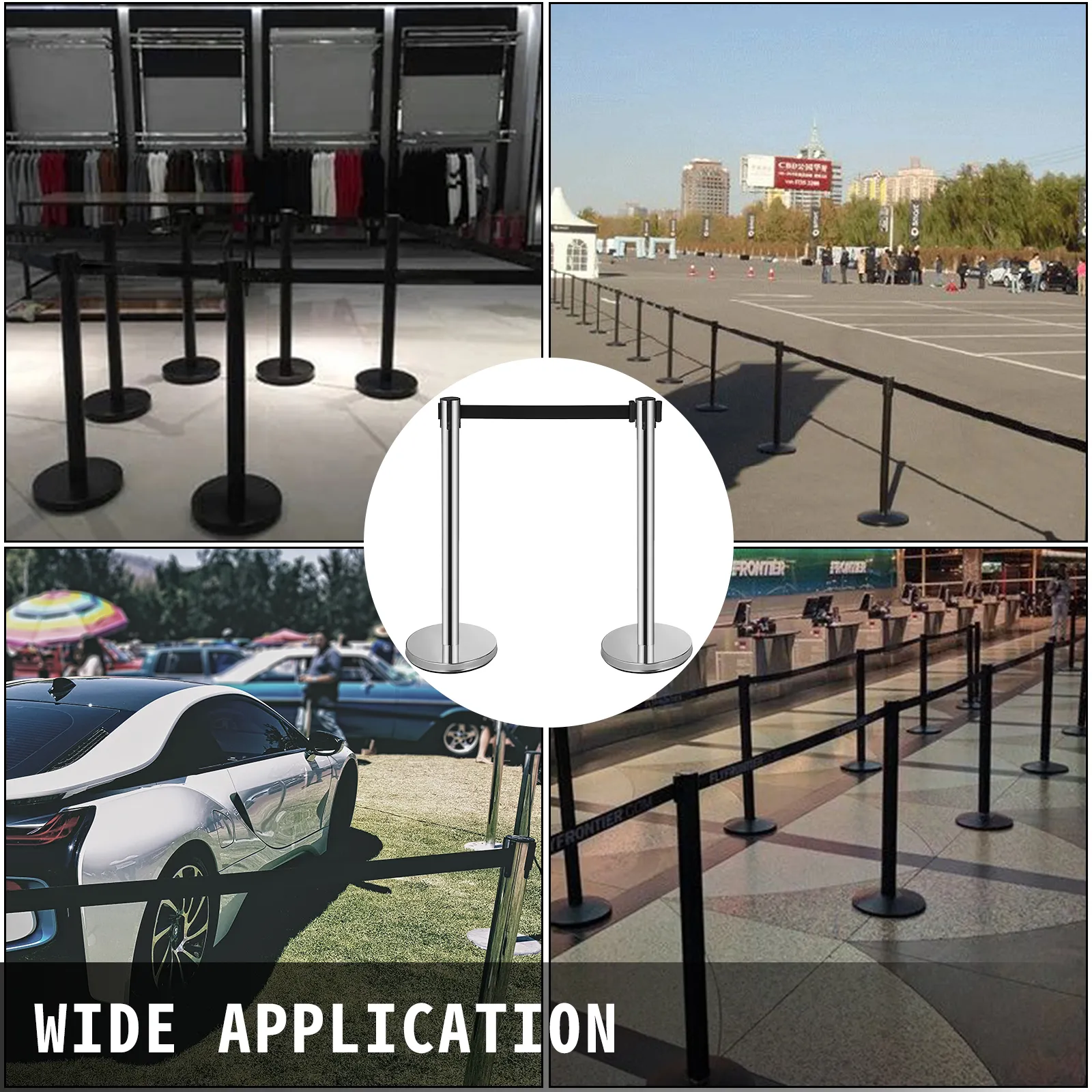 Poste de control de multitudes VEVOR utilizado para diversos entornos: centros comerciales, eventos, aeropuertos, estacionamientos.