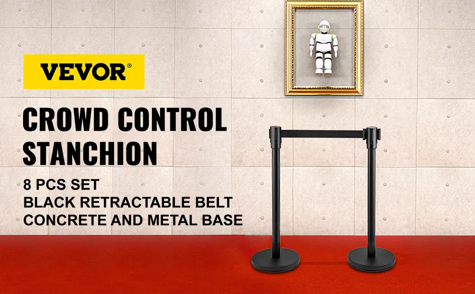 Barrera de control de multitudes VEVOR con cinturones retráctiles negros y bases resistentes.