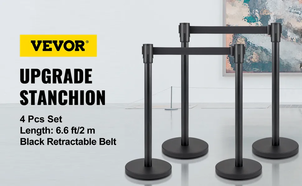 VEVOR crowd control stanchion 4 pcs set with black retractable belt in a gallery setting.