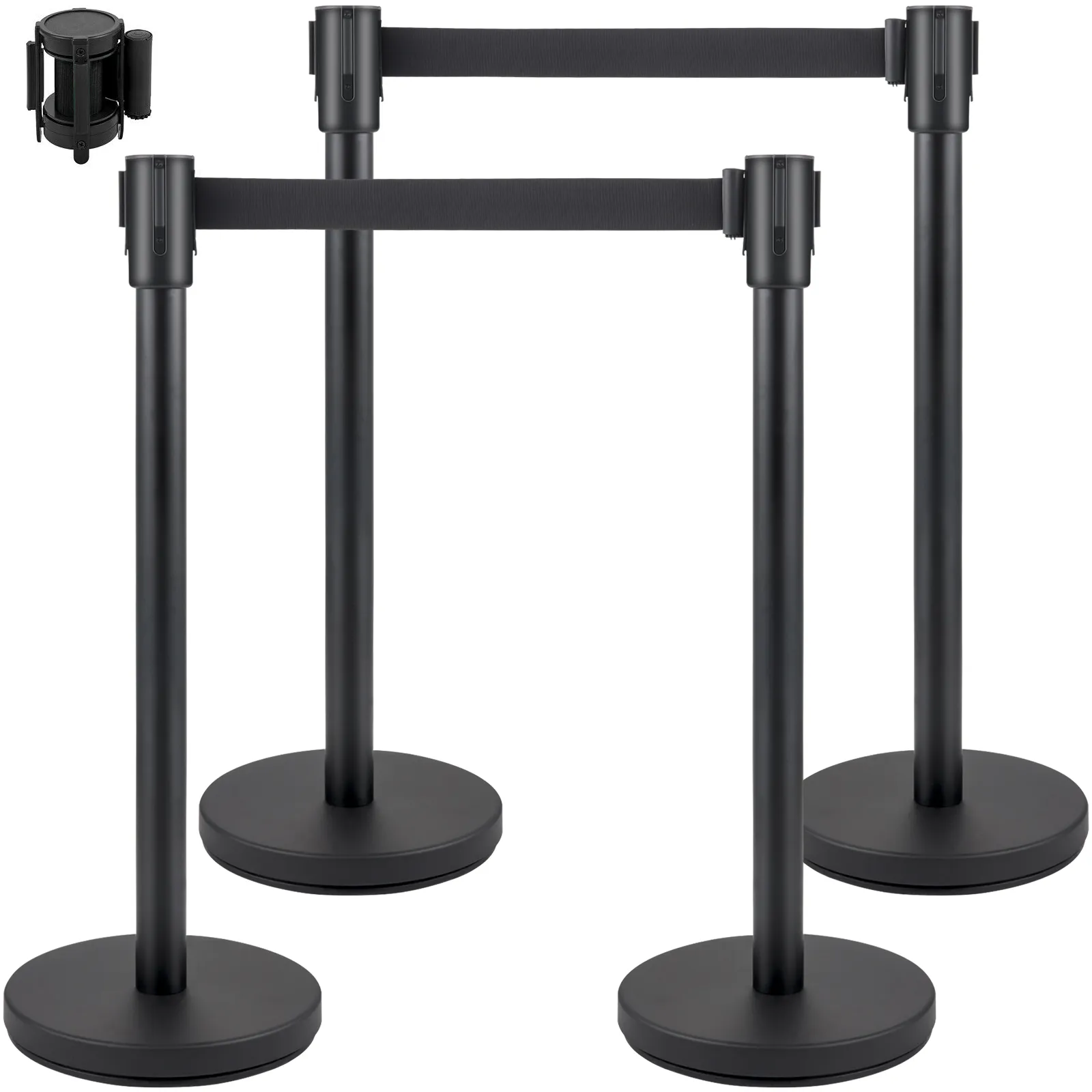 three black VEVOR crowd control stanchions with retractable belts and wall mount.