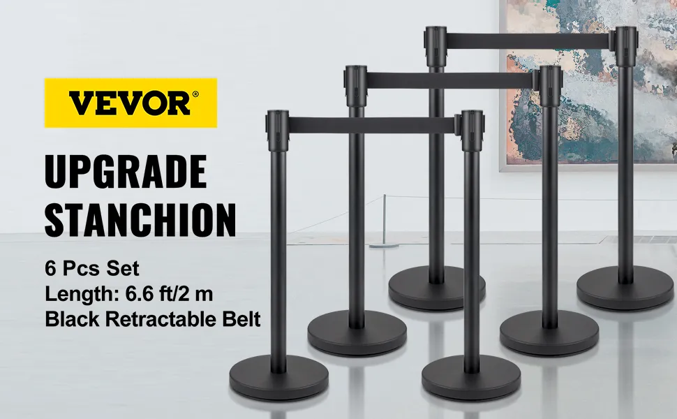VEVOR crowd control stanchion set, 6 pcs, 6.6 ft black retractable belt, upgrade stanchion.