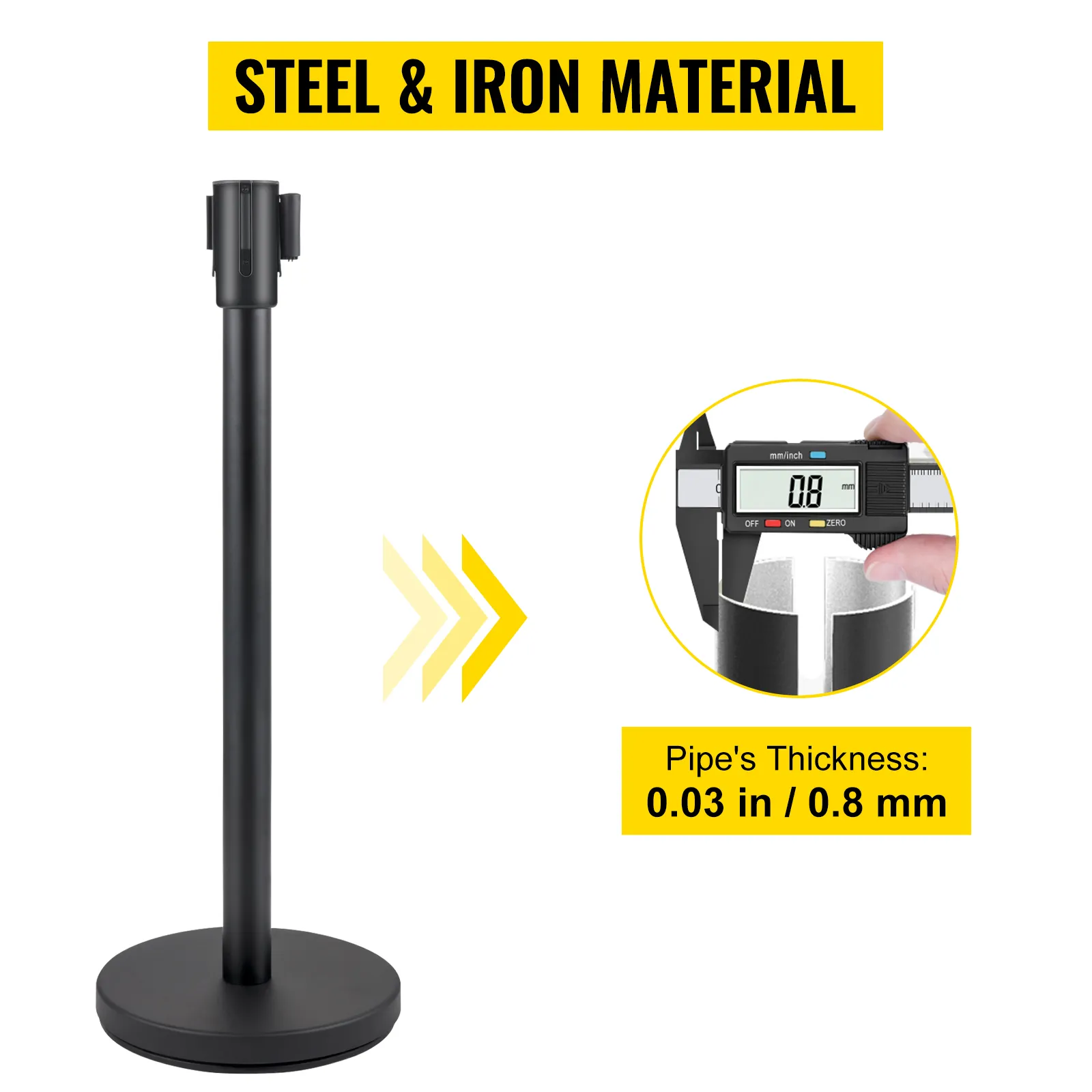 VEVOR crowd control stanchion set with 0.03 in / 0.8 mm thick steel and iron pipes.