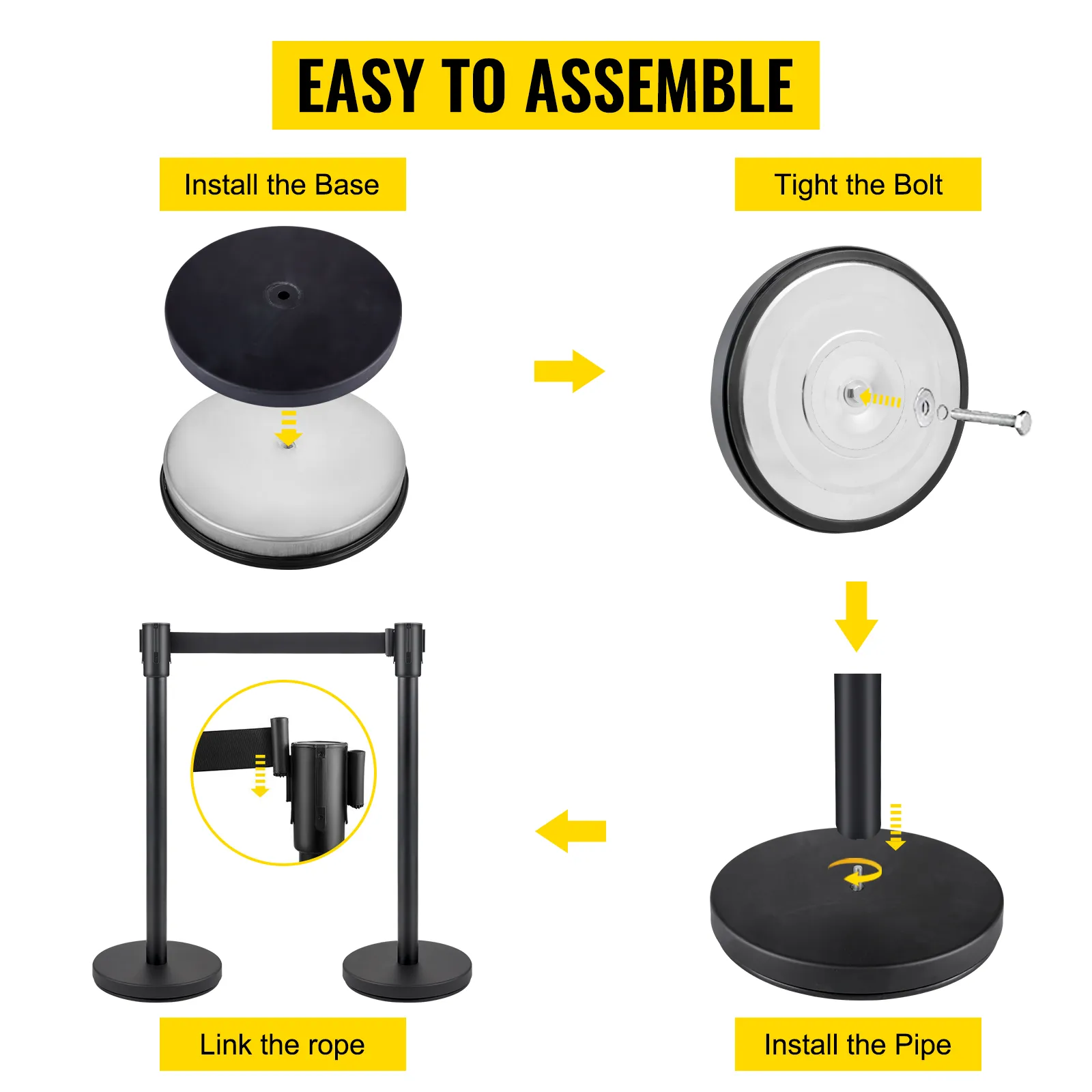 easy assembly of VEVOR crowd control stanchion set with base, bolt, pipe, and rope steps.