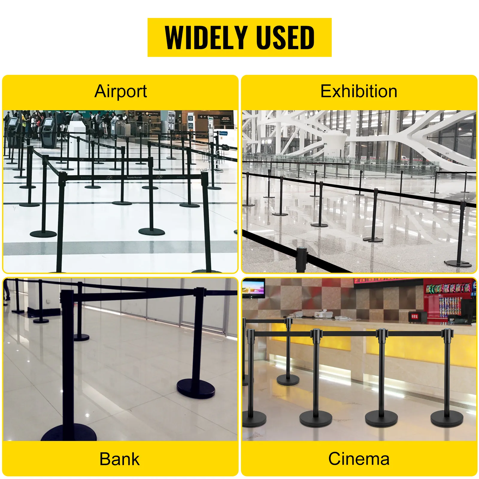 VEVOR crowd control stanchion set used in airports, exhibitions, banks, and cinemas.