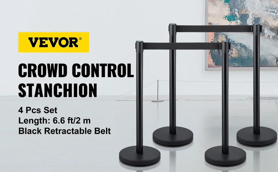 VEVOR crowd control stanchion set with black retractable belts in a modern setting.
