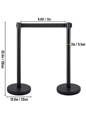 VEVOR crowd control stanchion: 35.4in height, 12.6in base, 6.6ft belt length.