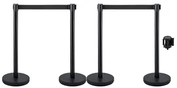 three black VEVOR crowd control stanchions with retractable belts.