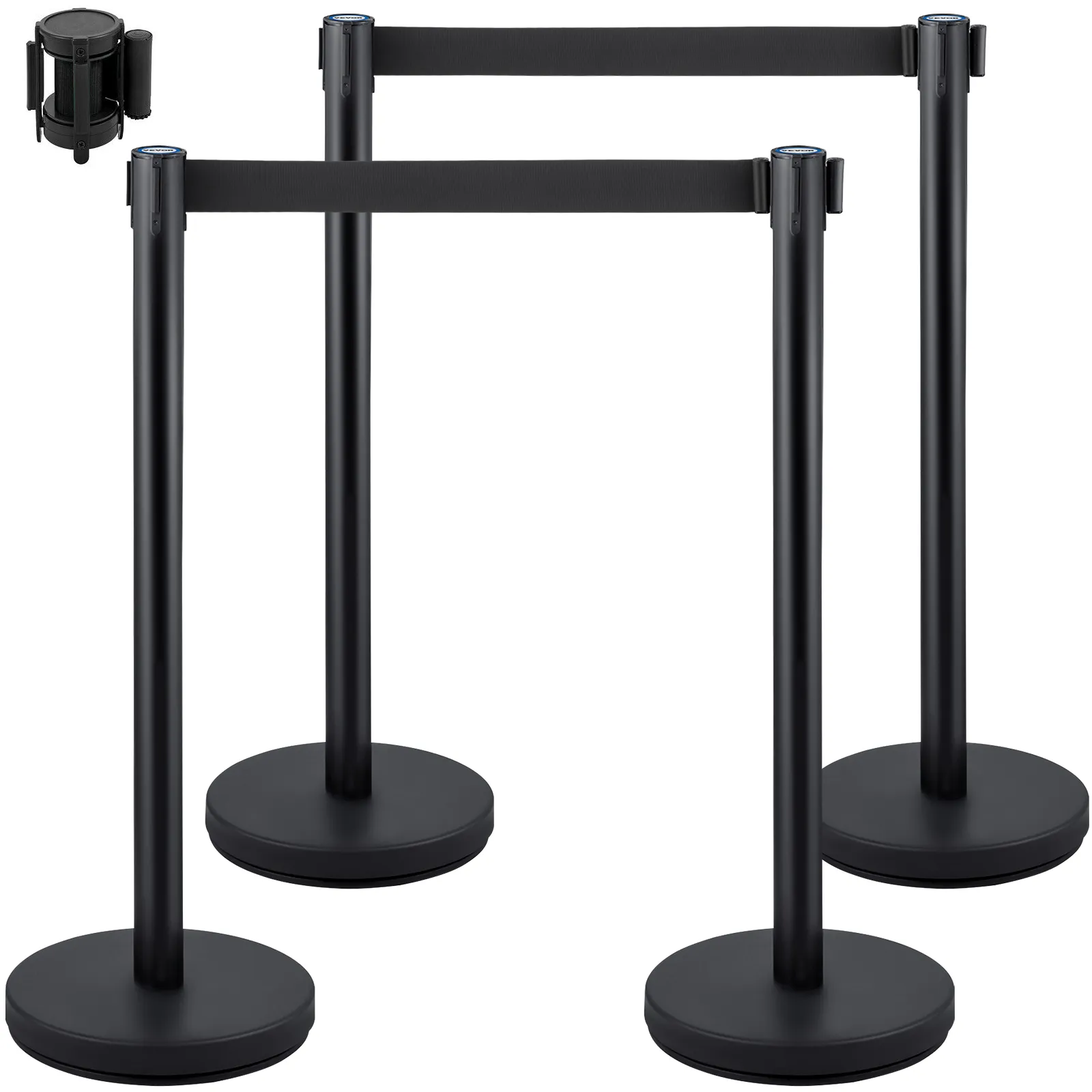 black VEVOR crowd control stanchion with three posts and retractable belts.