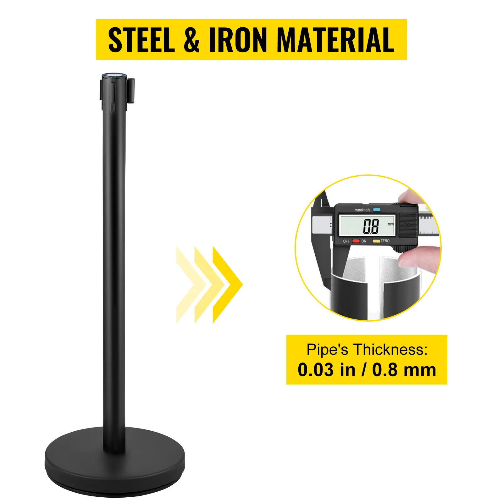 VEVOR crowd control stanchion made of steel and iron with 0.8mm pipe thickness.