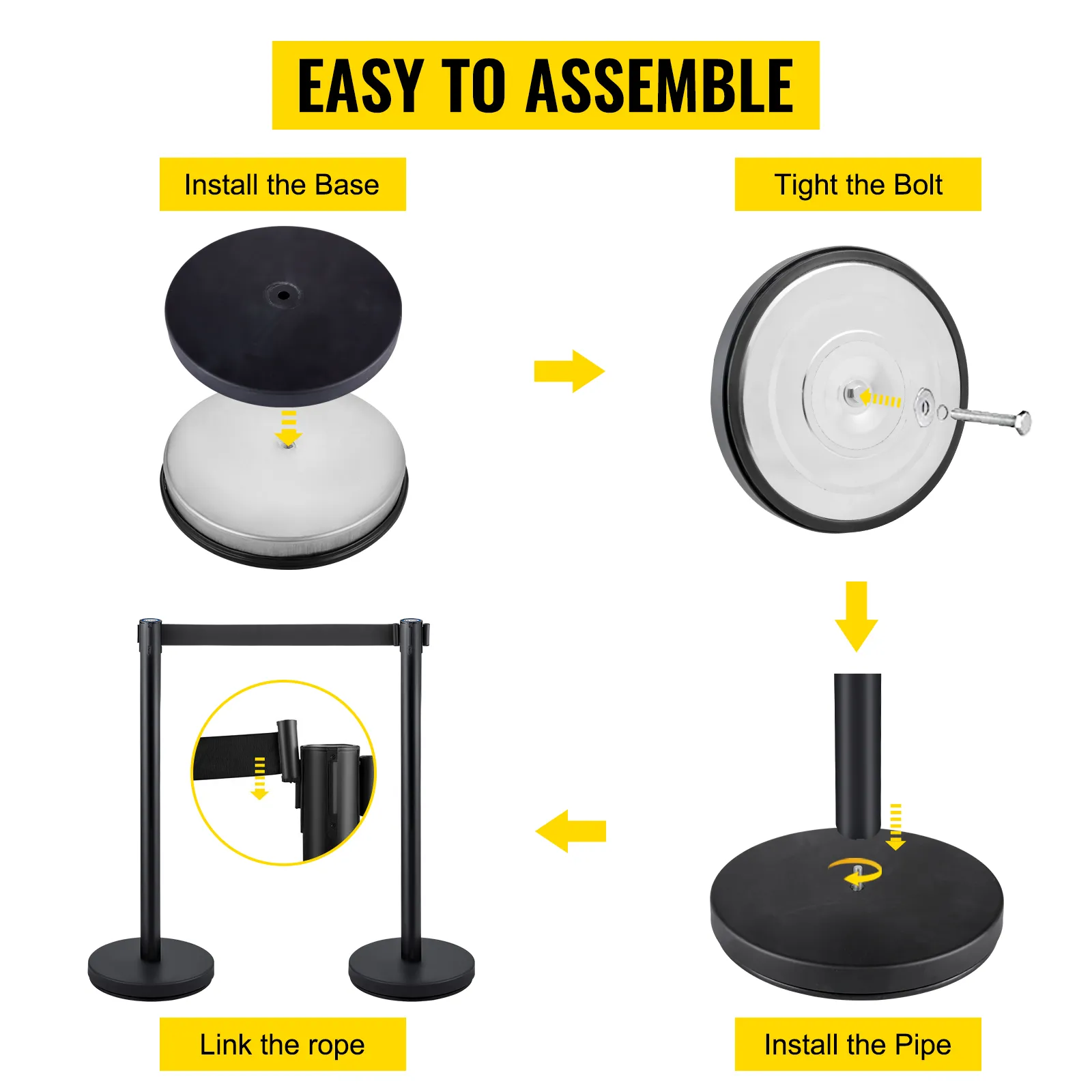 easy assembly guide for VEVOR crowd control stanchion steps: base, bolt, pipe, rope.