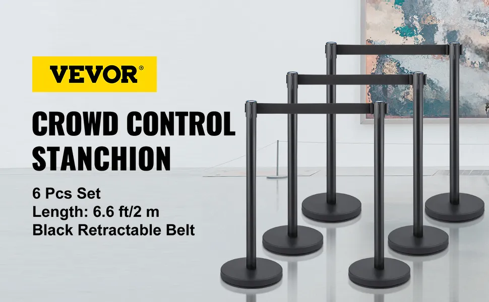 VEVOR crowd control stanchion set with black retractable belts in a minimalistic setting.