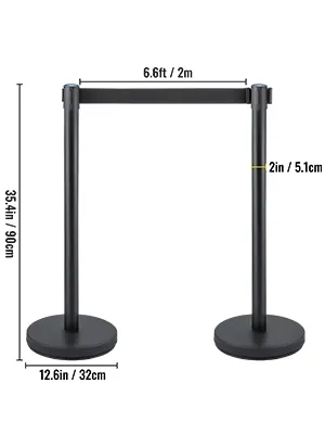 VEVOR crowd control stanchion with dimensions: 6.6ft length, 35.4in height, 12.6in base.