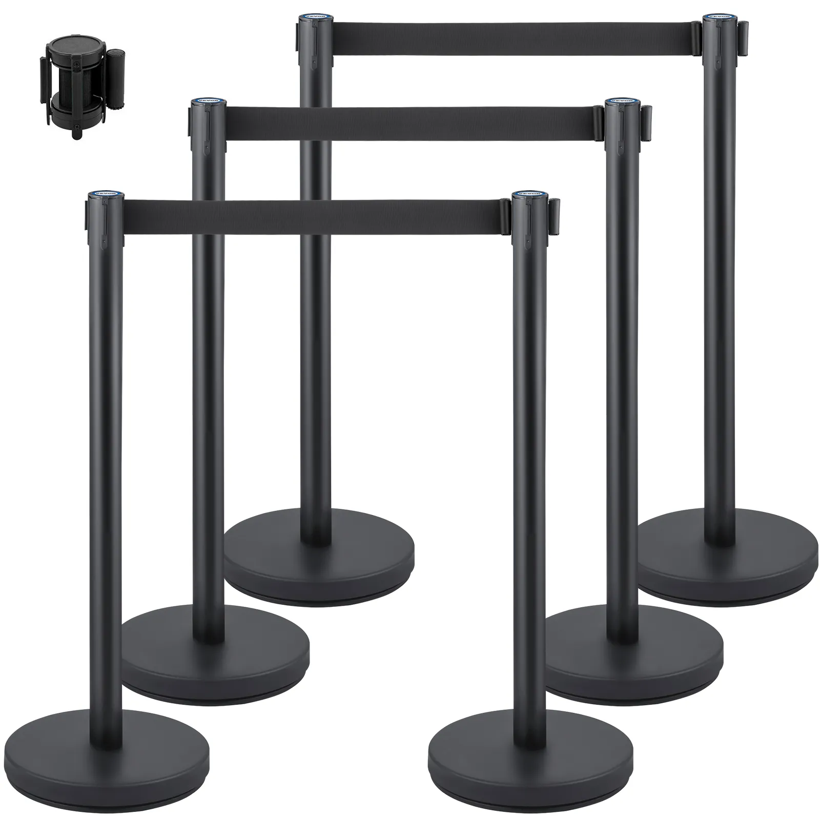 black VEVOR crowd control stanchion set with retractable belts and wall mount.
