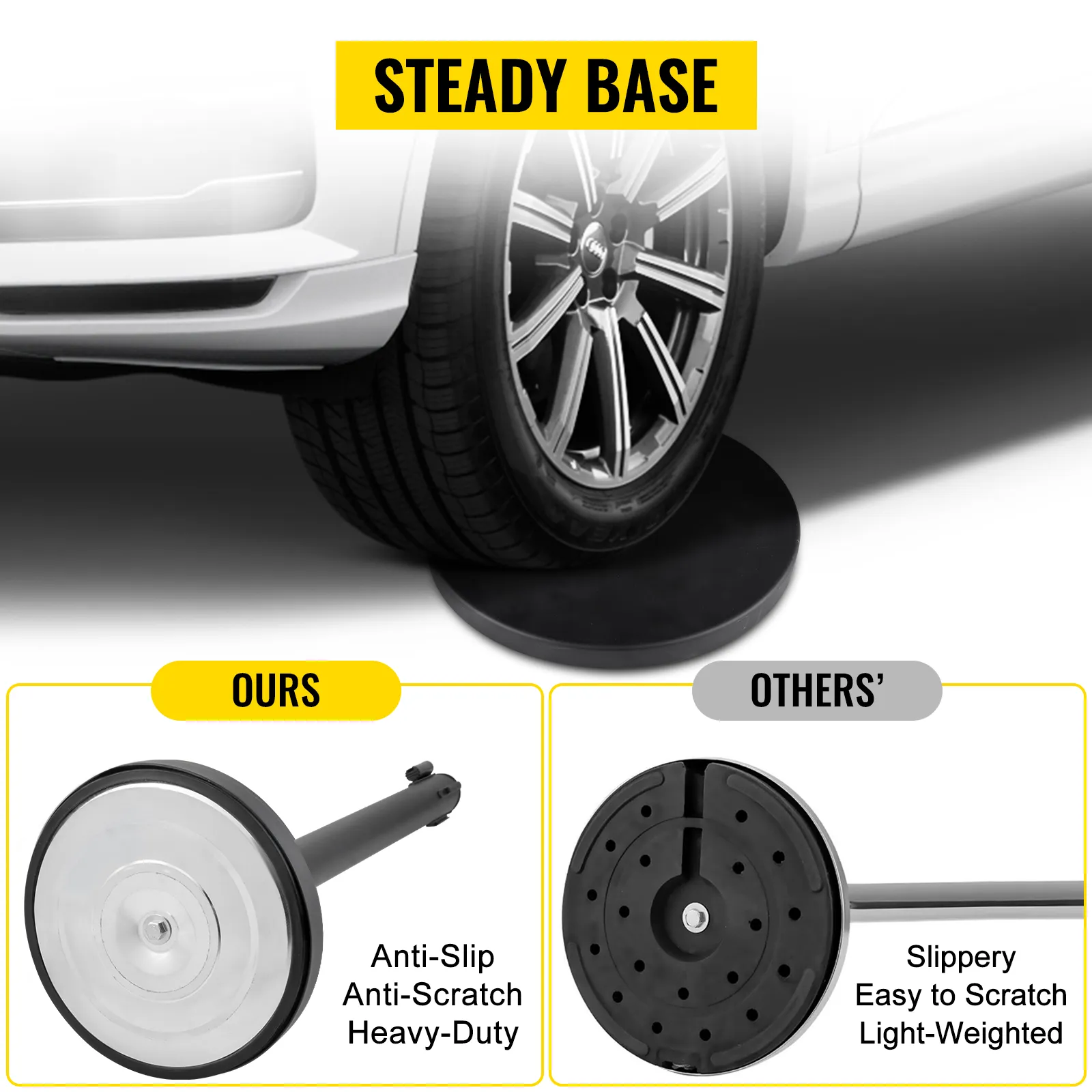 VEVOR crowd control stanchion base compared: anti-slip, heavy-duty vs. slippery, lightweight.