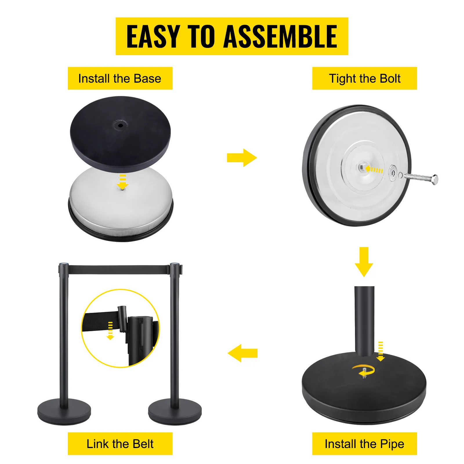 easy assembly guide for VEVOR crowd control stanchion: install base, tighten bolt, install pipe, link belt.