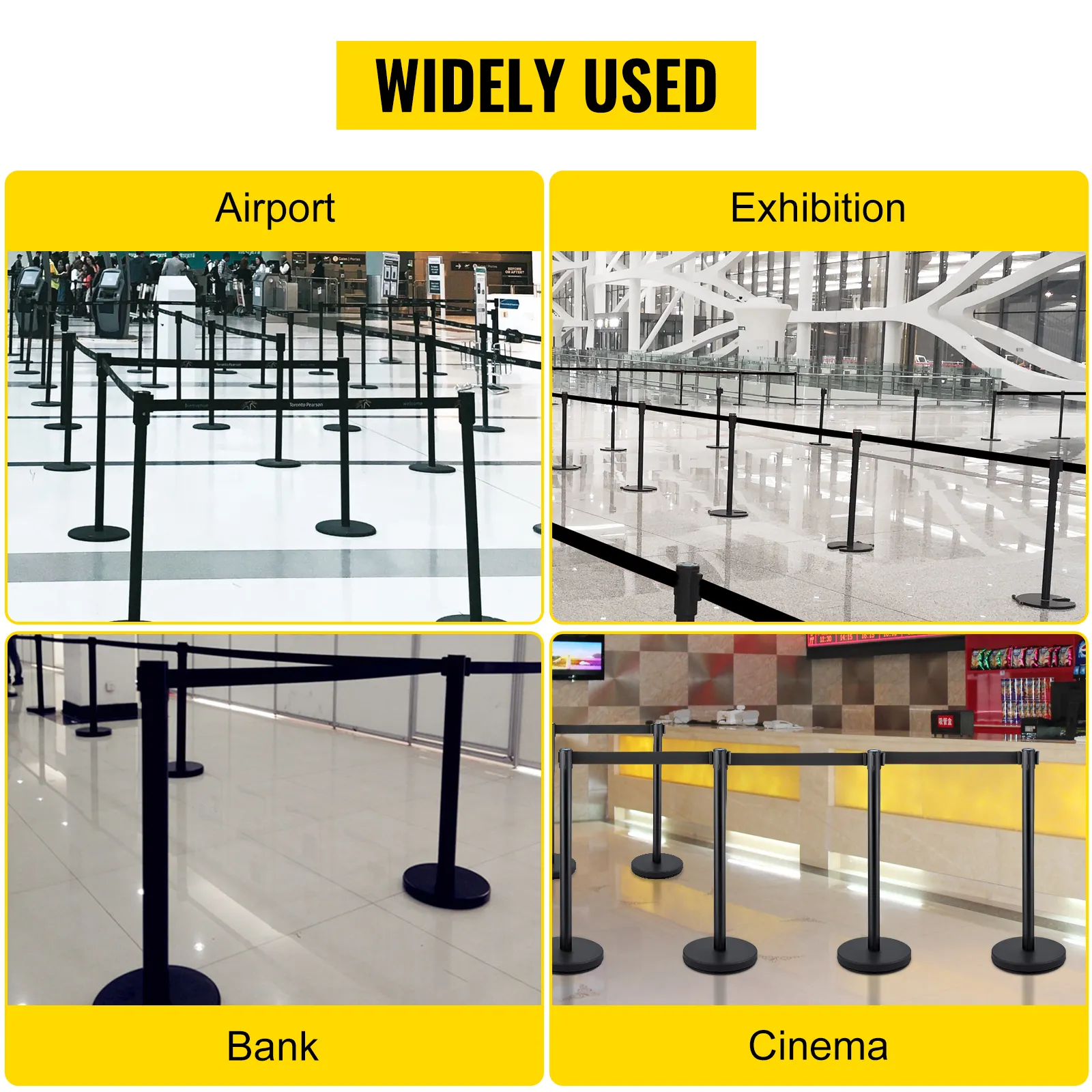 VEVOR crowd control stanchion used in airport, exhibition, bank, and cinema environments.