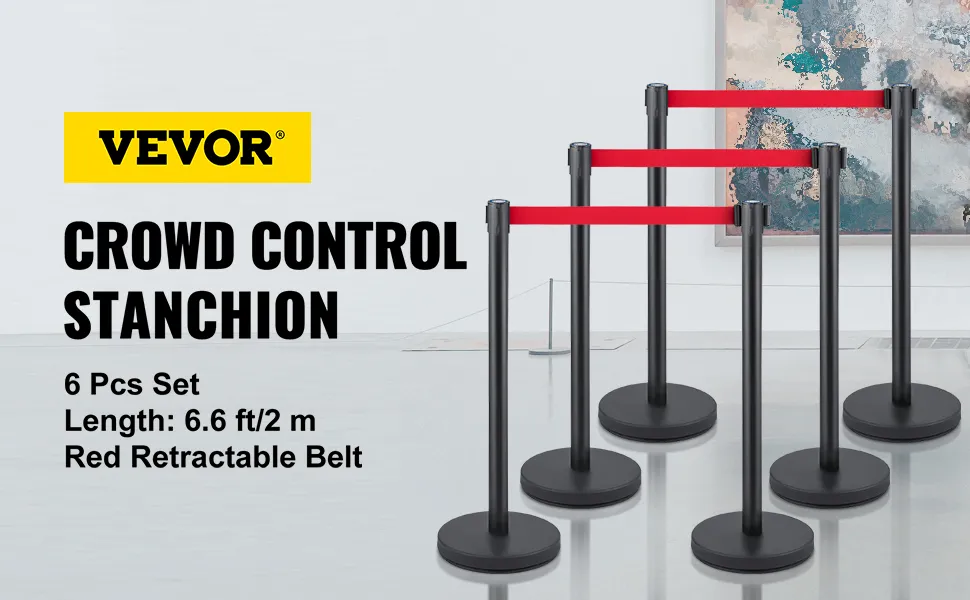 VEVOR crowd control stanchion set with red retractable belts in a modern setting.