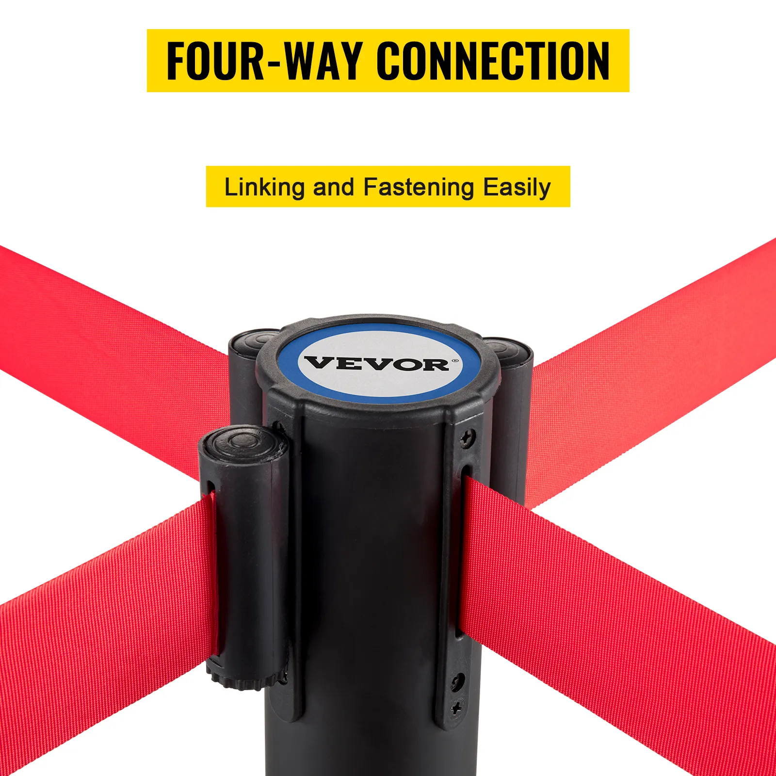 VEVOR crowd control stanchion with red belts and four-way connection.