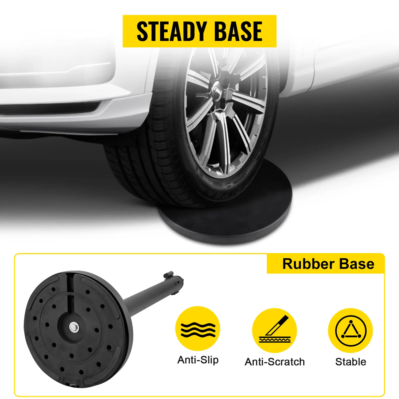car on sturdy VEVOR crowd control stanchion rubber base, featuring anti-slip and stability.