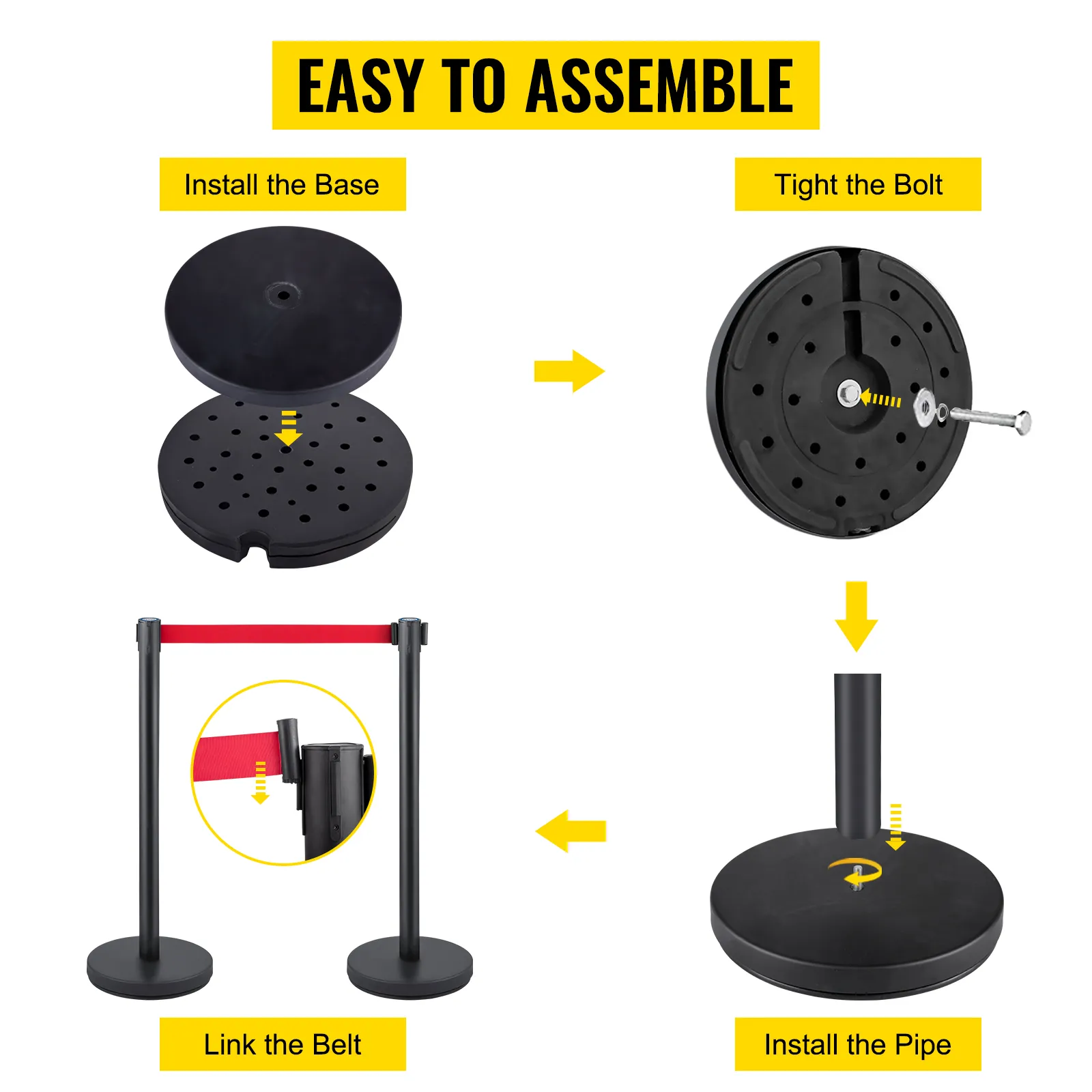 easy assembly steps for VEVOR crowd control stanchion: base, bolt, pipe, and belt.