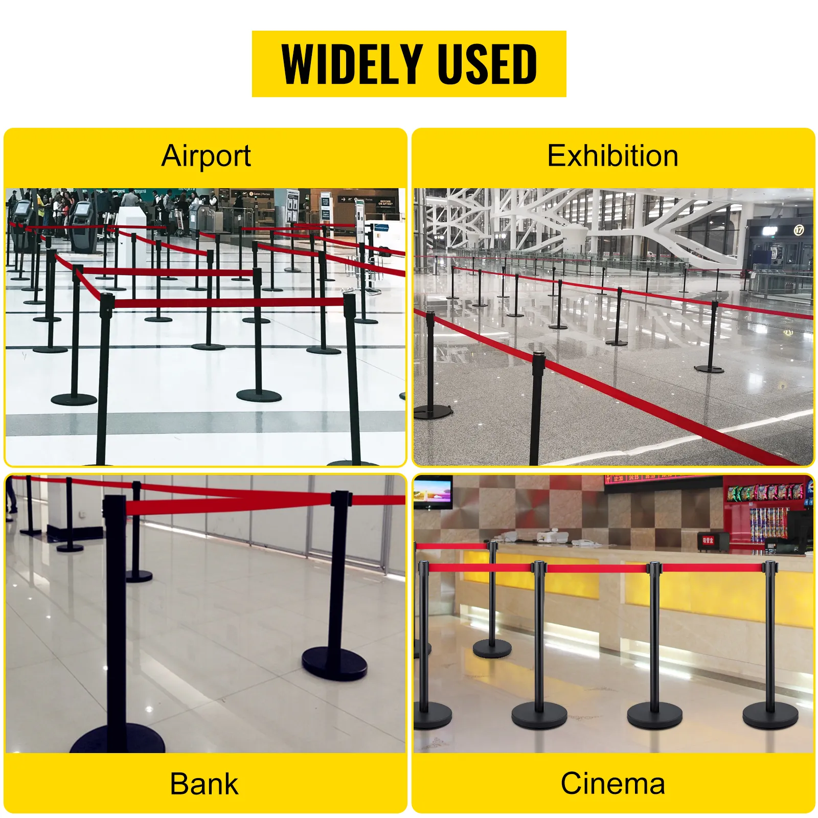 VEVOR crowd control stanchion used at airport, exhibition, bank, and cinema.