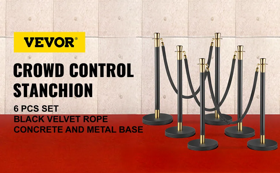VEVOR crowd control stanchion set, 6 stuks met zwart fluwelen touw en metalen voet.