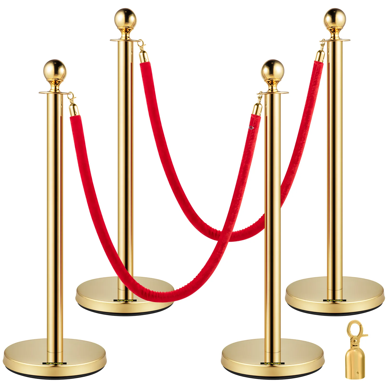 Postes de soporte VEVOR dorados con cuerdas de terciopelo rojo y un accesorio de llave.