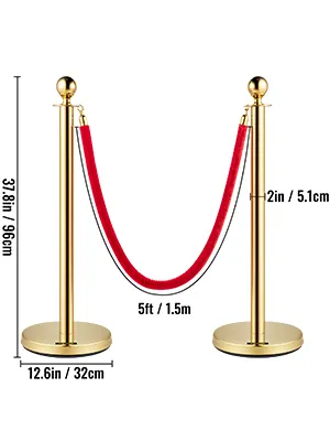 gold stanchions with red rope and dimensions for VEVOR crowd control barriers.