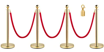 gold stanchions with red ropes, VEVOR crowd control barriers, on a white background.