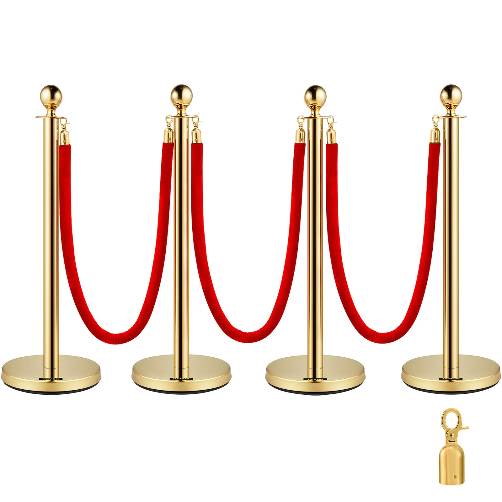 gold posts with red velvet ropes for VEVOR crowd control barriers.