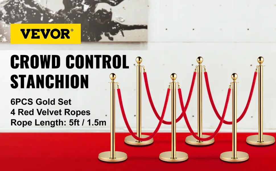 VEVOR gold stanchions set with red velvet ropes on a red carpet background.