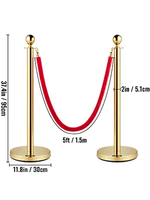VEVOR gold stanchions with red rope, 37.4in tall, 5ft length, 11.8in base diameter.