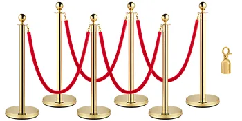 VEVOR gold stanchions with red velvet ropes and gold posts set for crowd control.