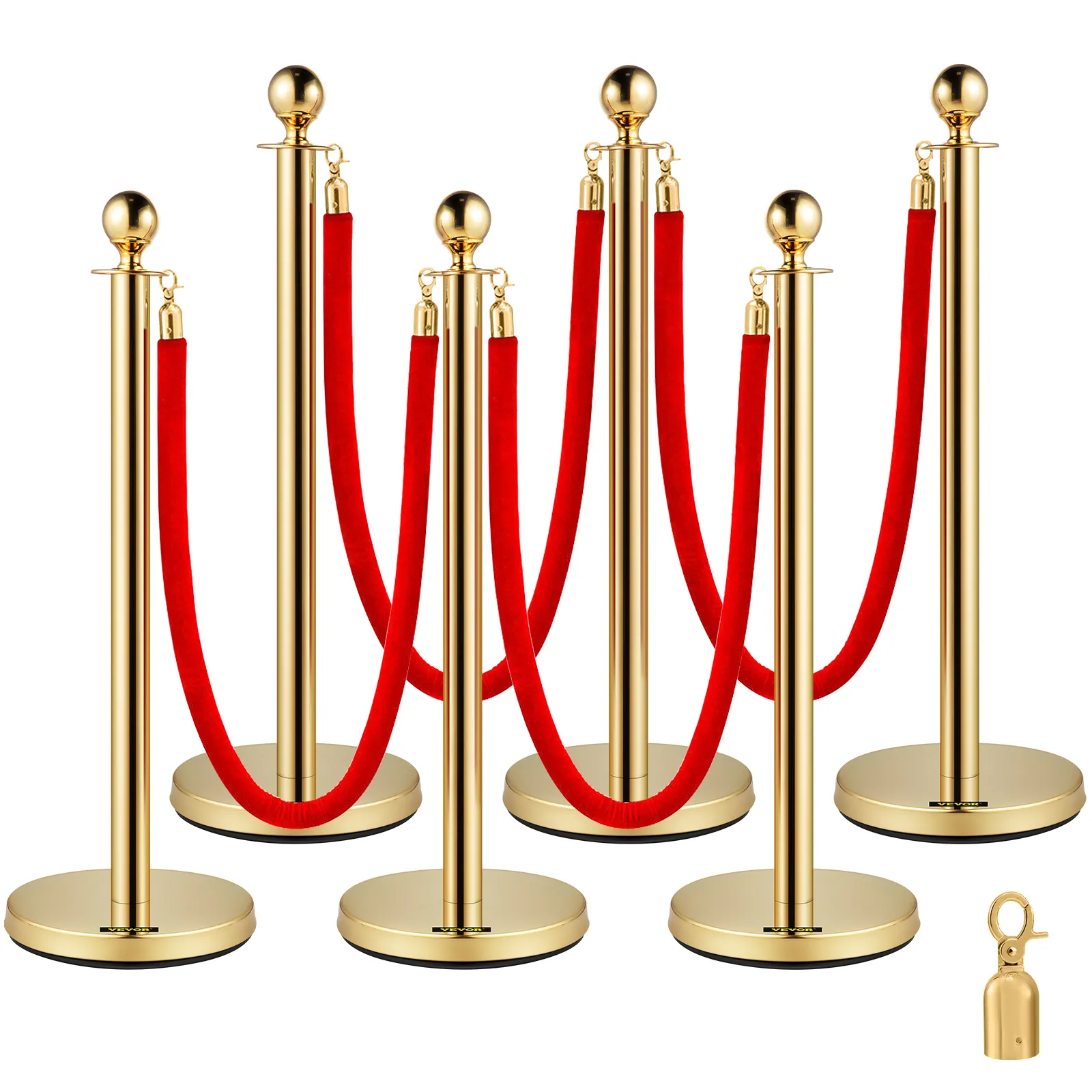gold stanchions with red velvet ropes, VEVOR gold stanchions set of six.