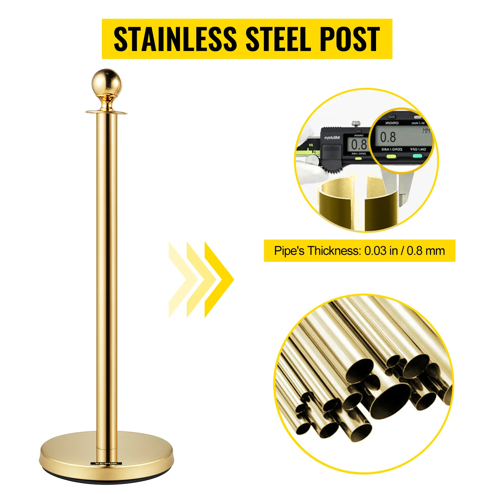 VEVOR gold stanchions feature stainless steel posts with 0.03 in/0.8 mm pipe thickness.
