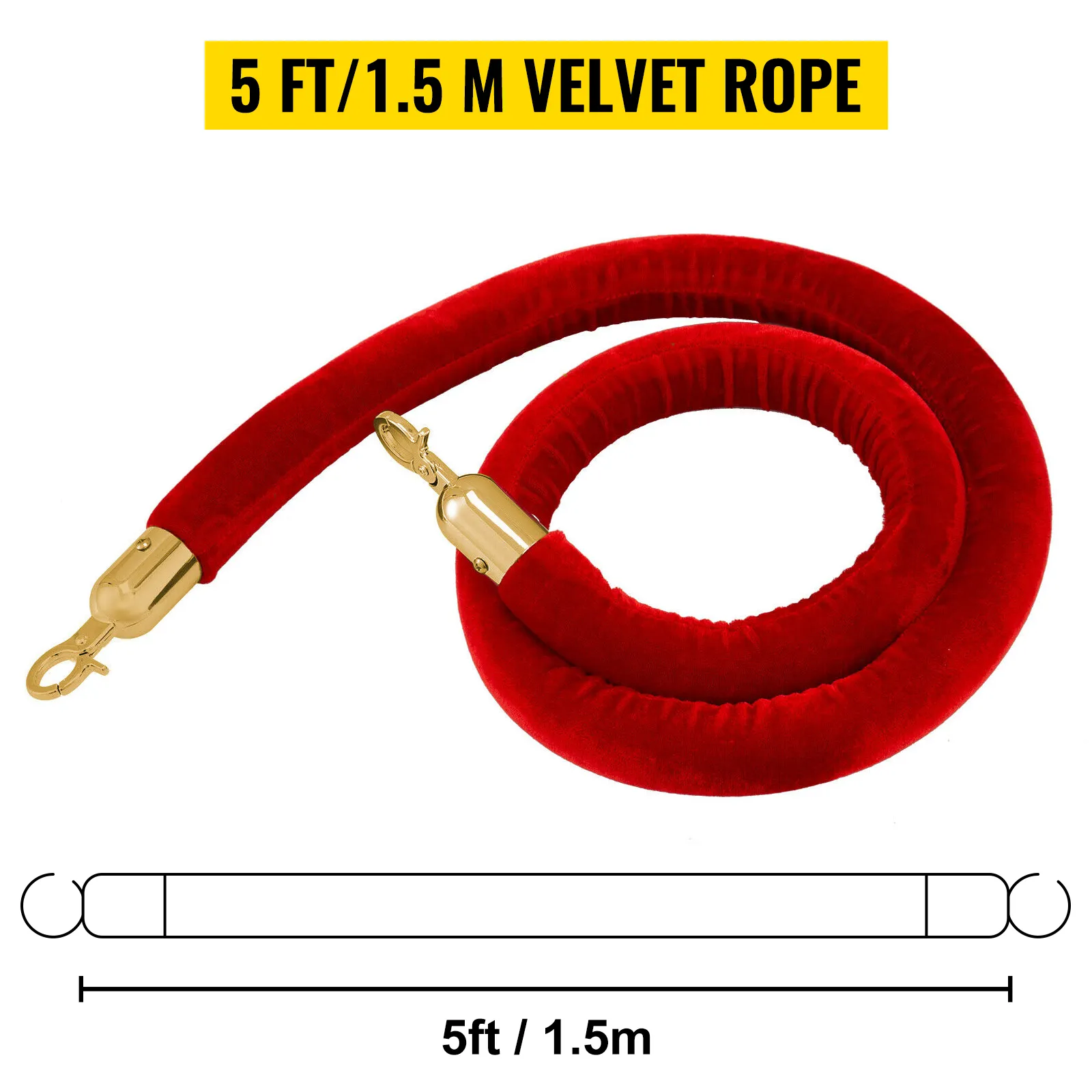 VEVOR gold stanchions red velvet rope, 5ft/1.5m length with brass hooks.