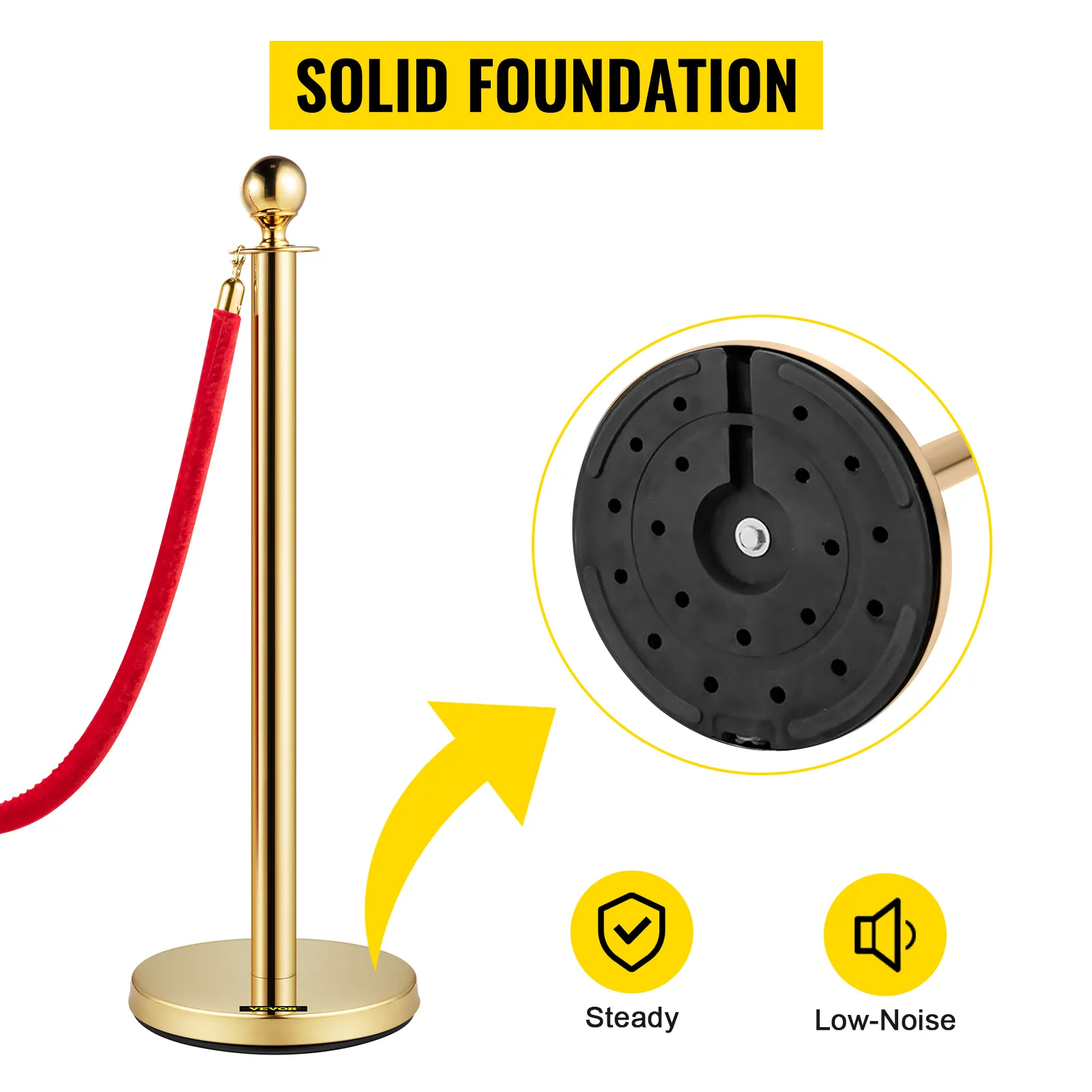 VEVOR gold stanchions with red rope and solid foundation, steady and low-noise base.