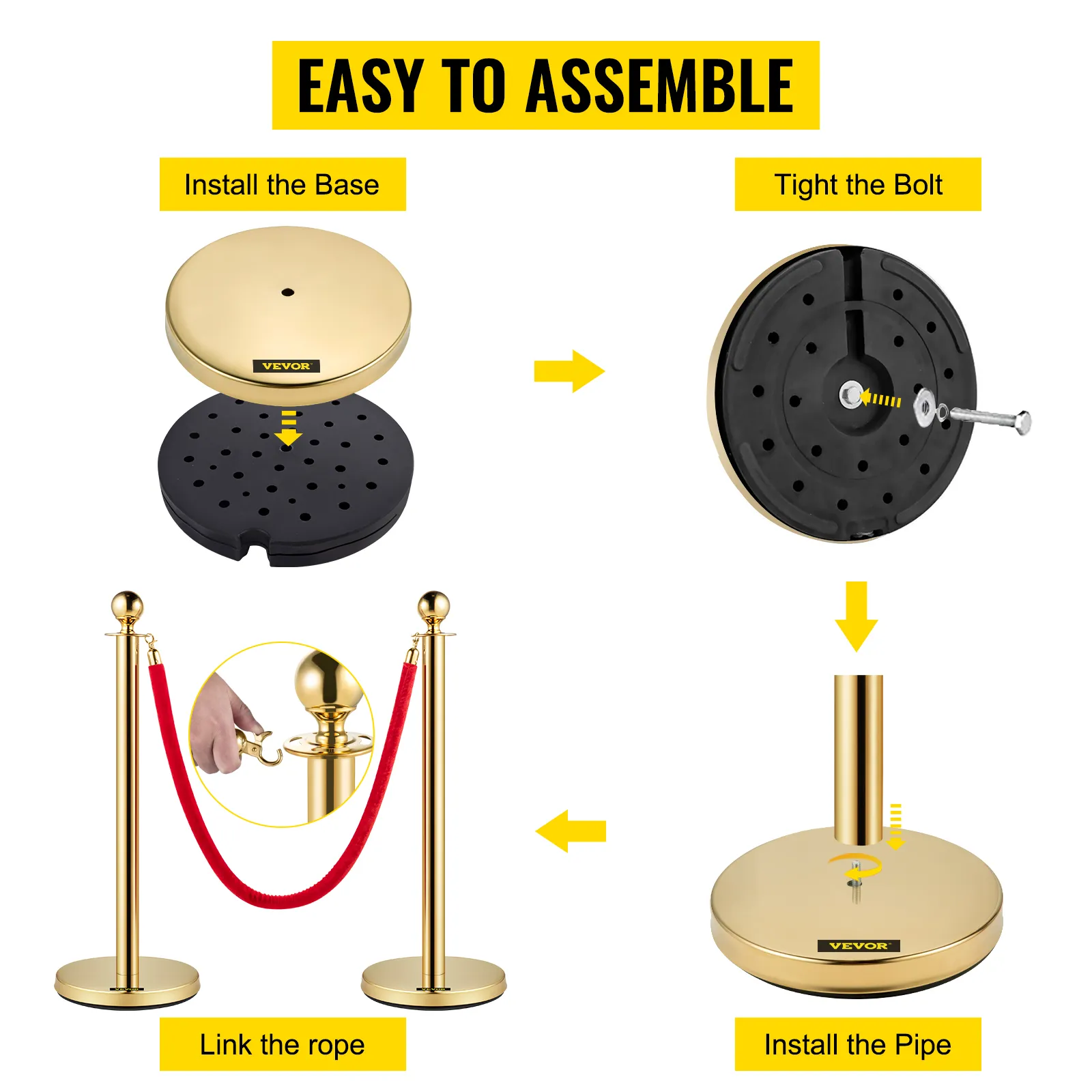 VEVOR gold stanchions assembly: install base, tighten bolt, install pipe, link rope.