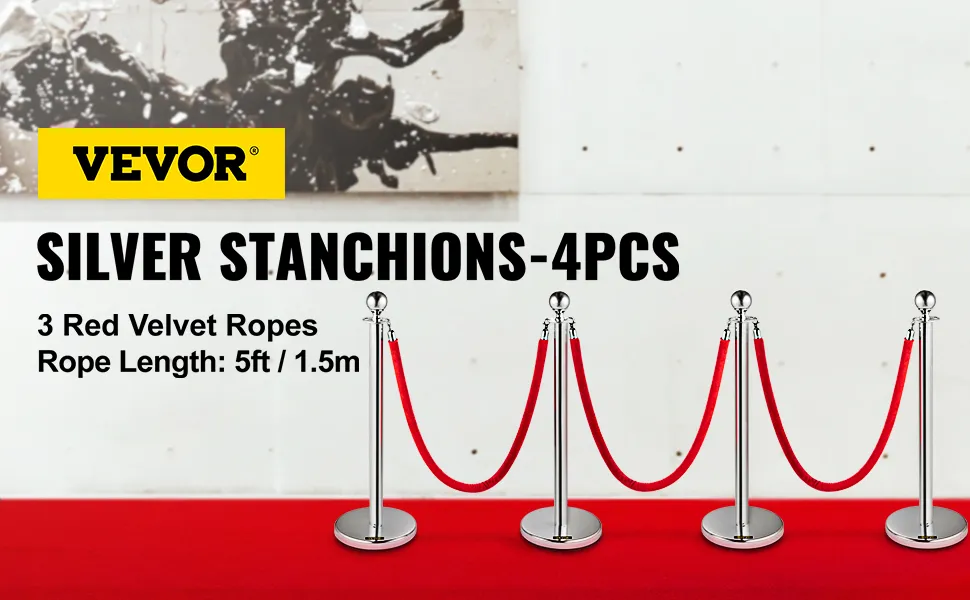 VEVOR stanchion posts with three red velvet ropes on a red carpet. rope length: 5ft/1.5m.