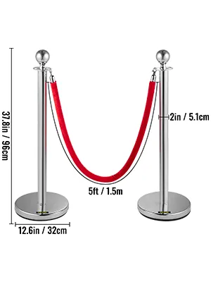VEVOR stanchion posts with red rope, 37.8in tall, 12.6in base, 5ft length.