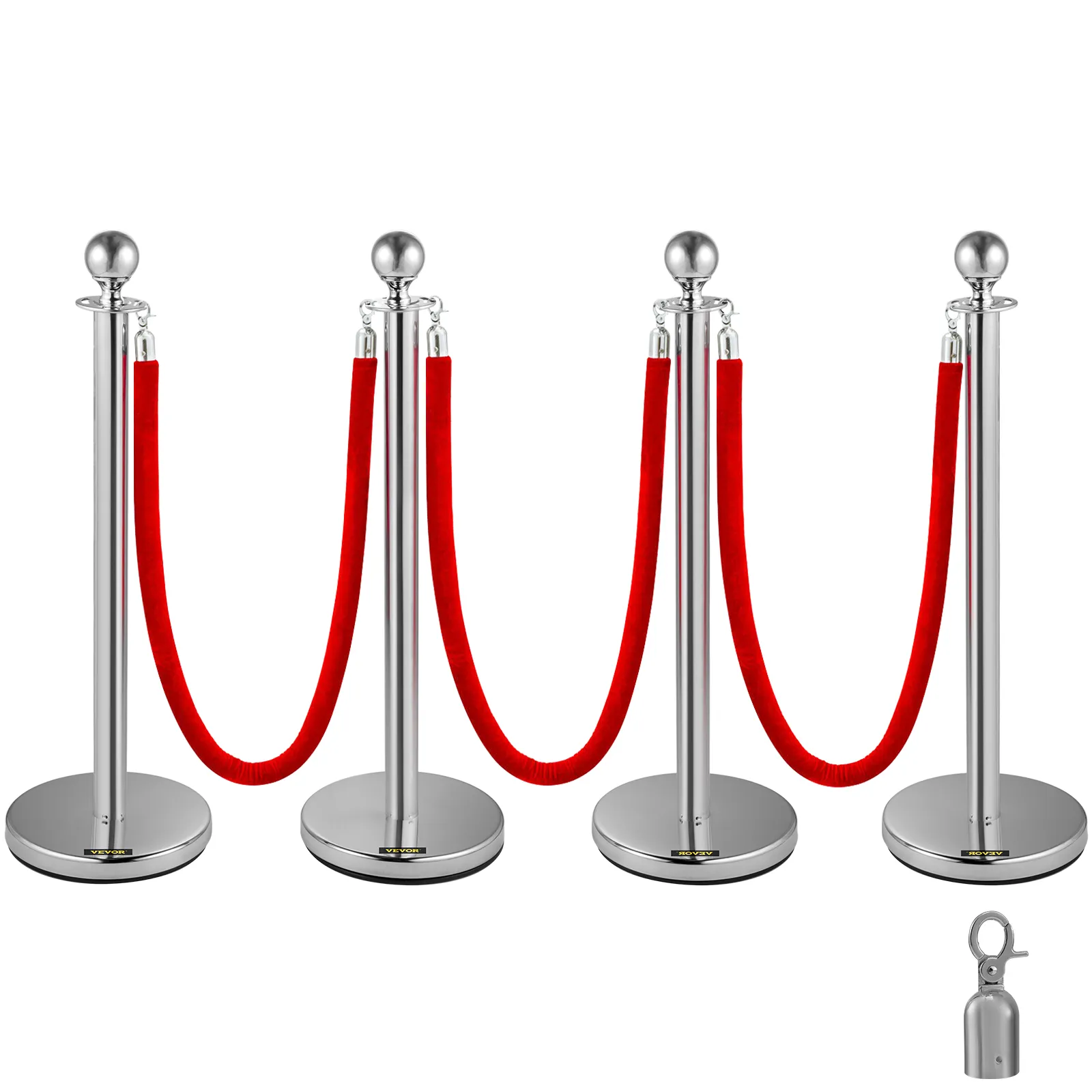 four chrome VEVOR stanchion posts with red velvet ropes creating a barrier.
