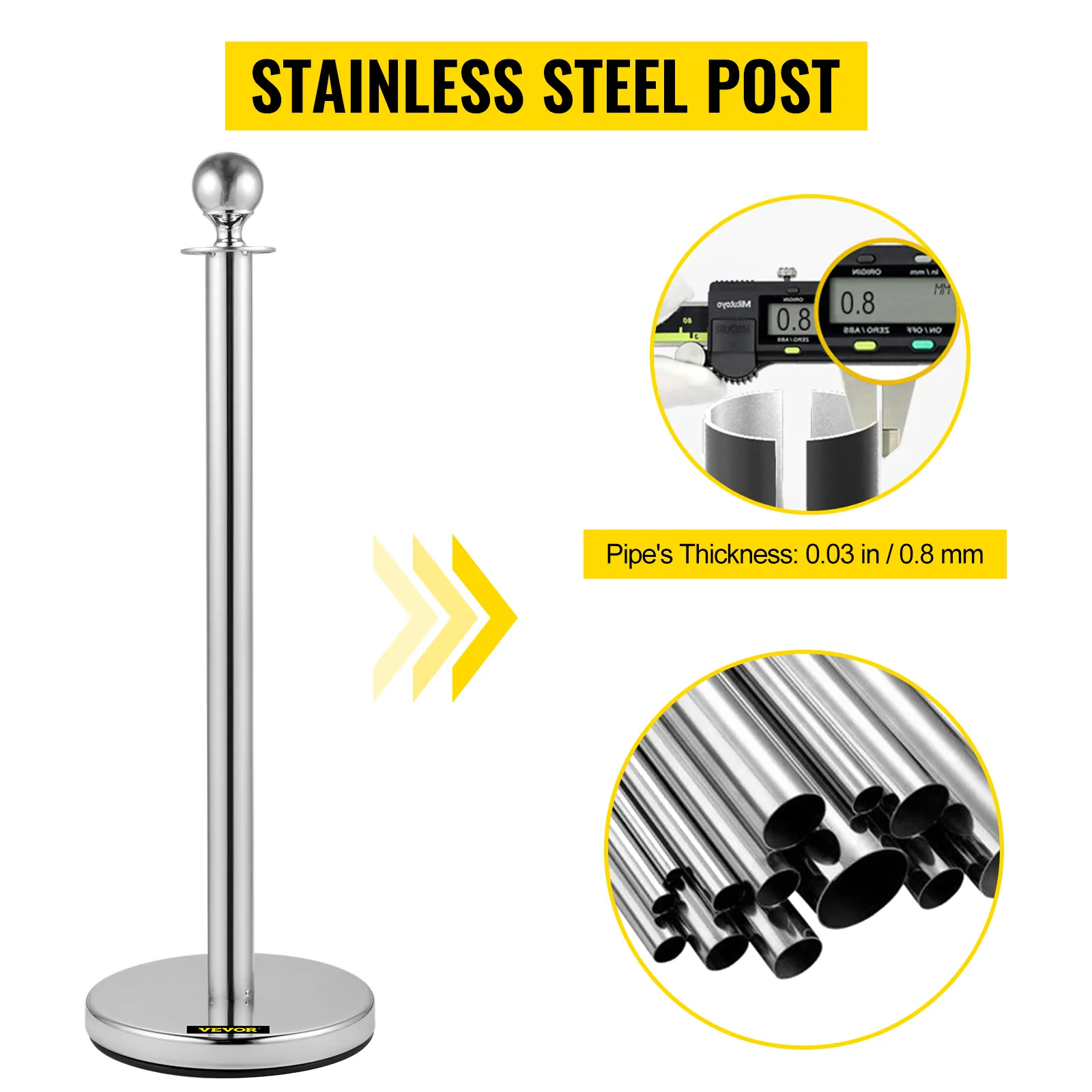stainless steel VEVOR stanchion post, 0.03 in / 0.8 mm pipe thickness, silver finish.